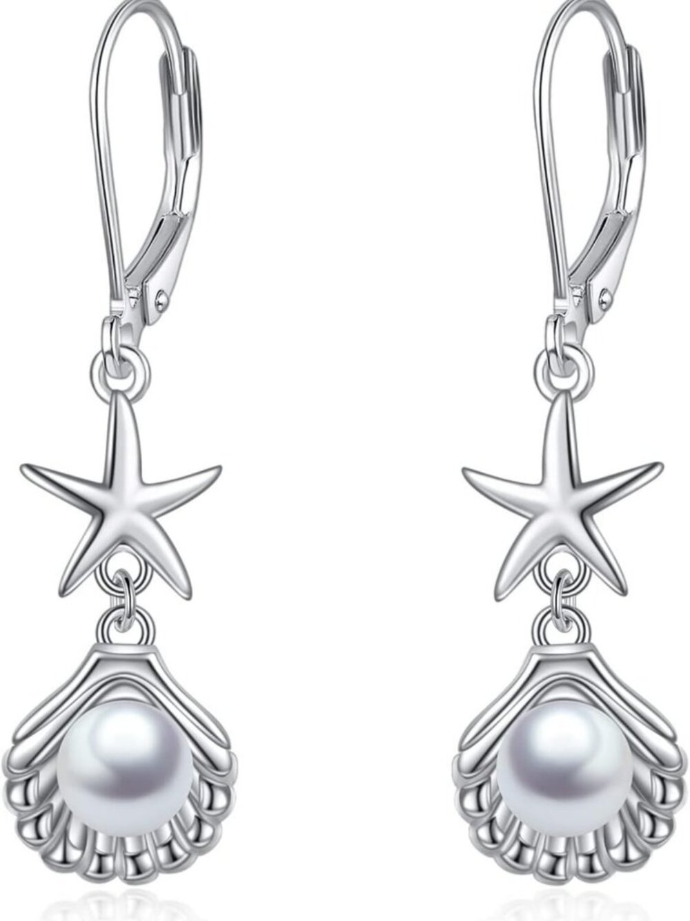 Seashell Pearl Dangle Earrings in 925 Sterling Silver - Beachy Starfish Drops